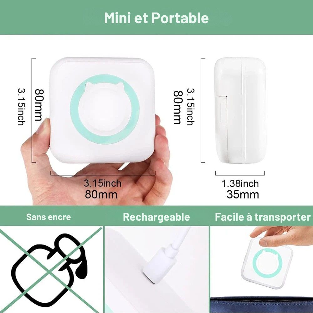 Mini Imprimante Portable<br>Compacte, Sans Encre & Idéale pour le Scrapbooking