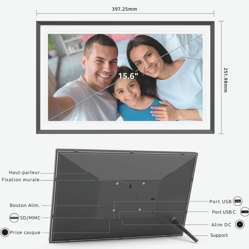 Grand Cadre Photo Numérique 15.6 Pouces<br>Full HD, Wifi, 32 à 64 Go