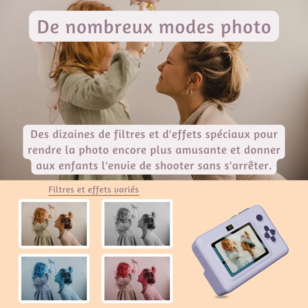 Appareil Photo Instantané Enfant —Écran 2,8", Batterie 1500 mAh, Flash