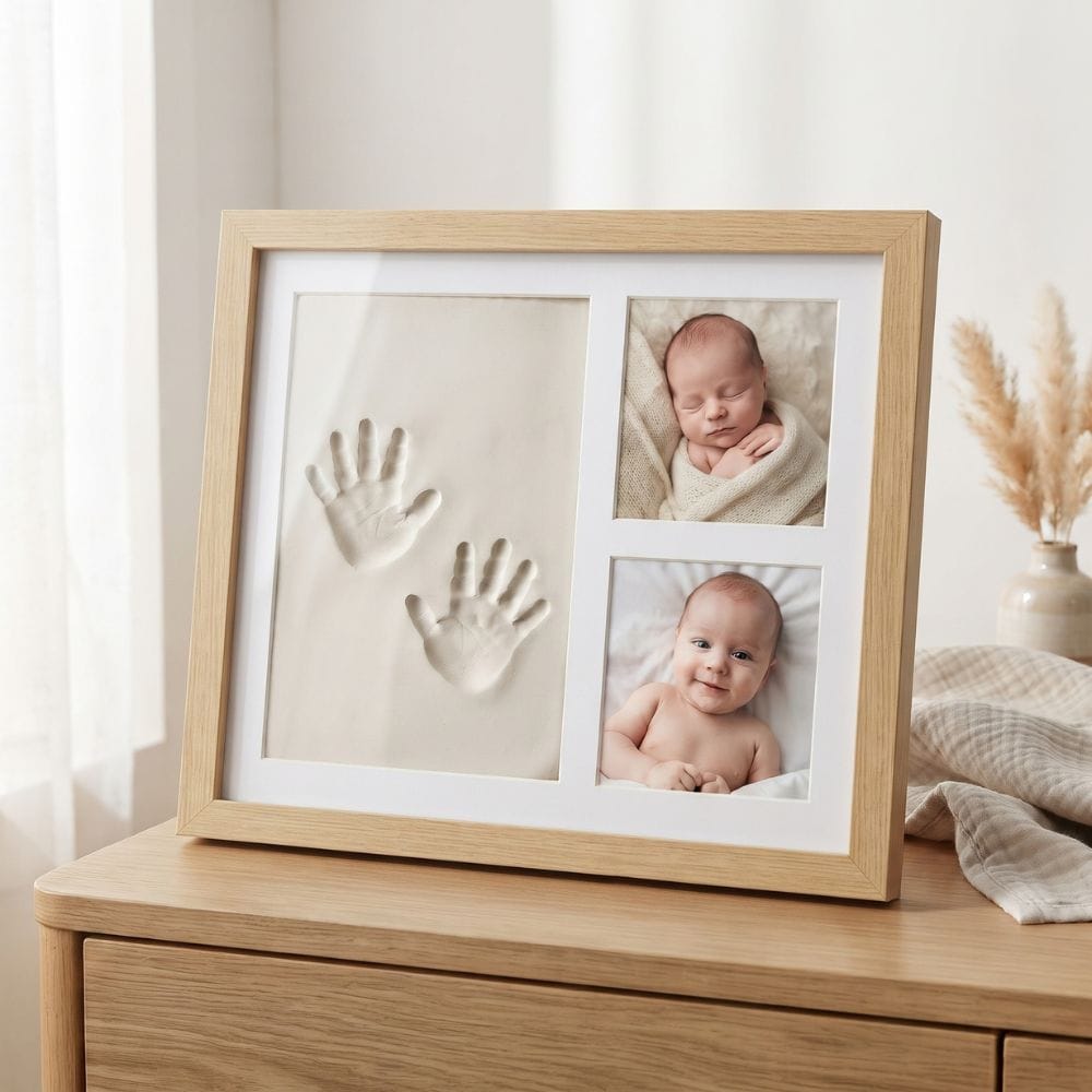 Cadre Empreinte Bébé en Bois : Argile et 2 Photos Bois