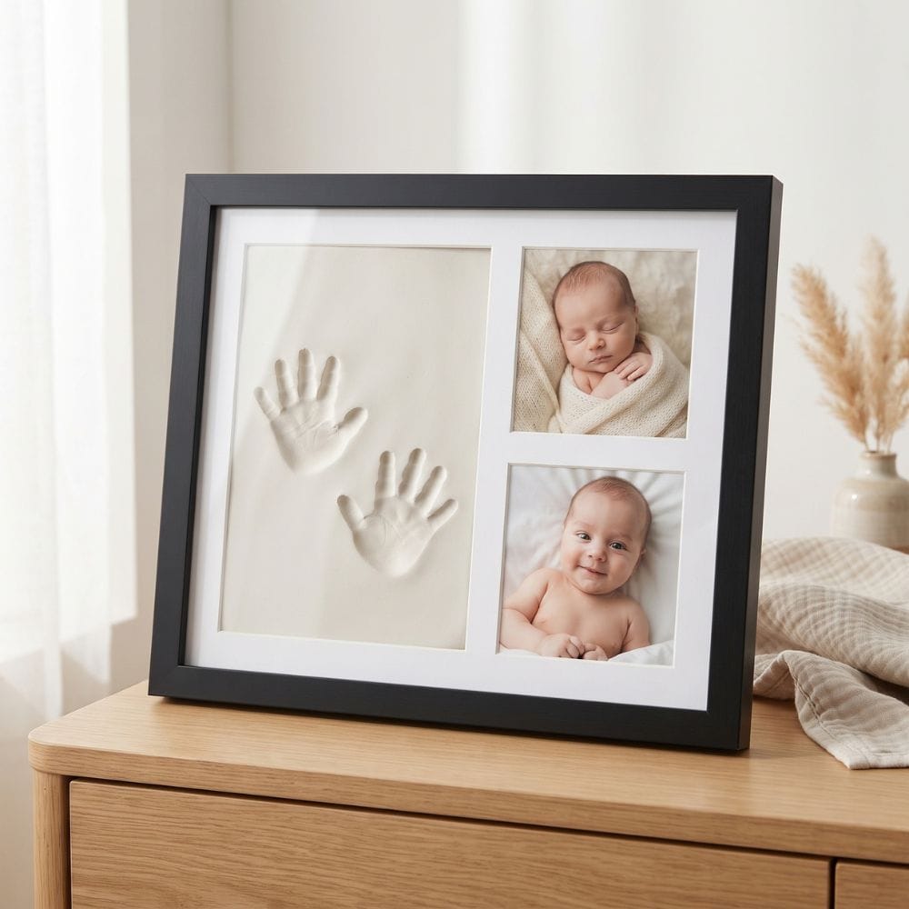 Cadre Empreinte Bébé en Bois : Argile et 2 Photos Noir