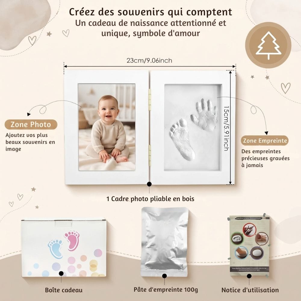 Cadre Photo Empreinte Bébé Pliable en Bois : Argile 100 g Blanc