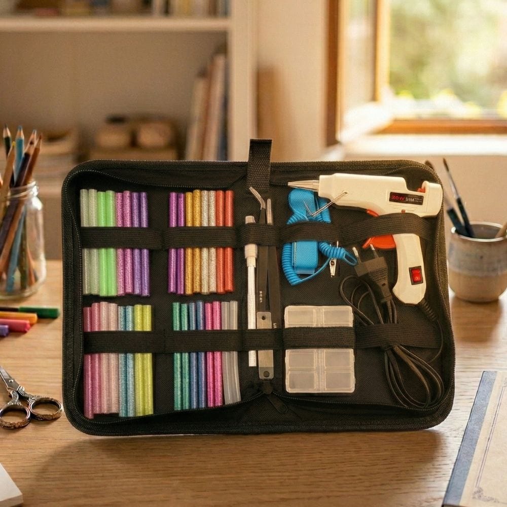 Glue Gun Kit 6 en 1 – Pistolet à Colle, Bâtons Colorés et Sacoche