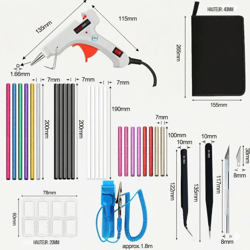 Glue Gun Kit 6 en 1 – Pistolet à Colle, Bâtons Colorés et Sacoche