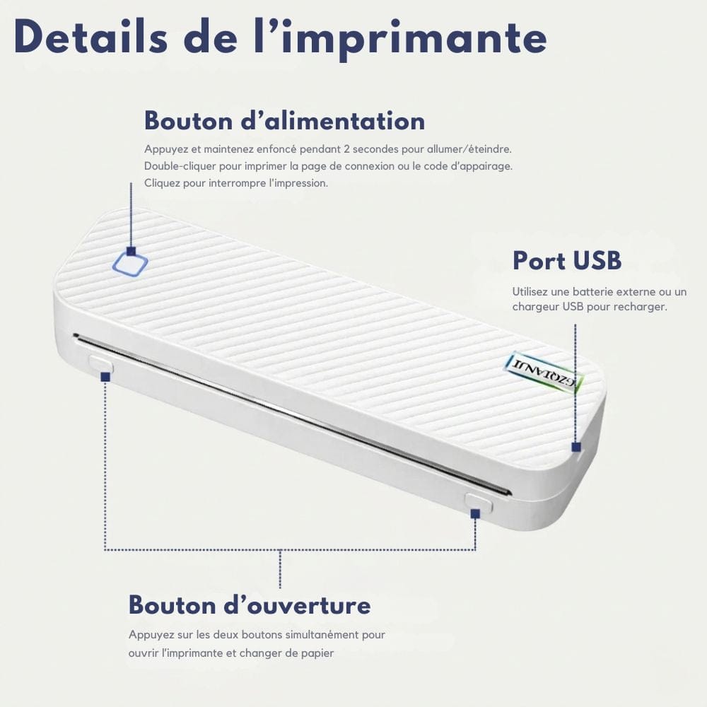 Imprimante Thermique A4 Portable Bluetooth Sans Encre