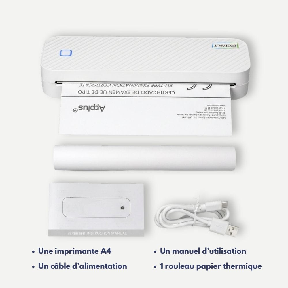 Imprimante Thermique A4 Portable Bluetooth Sans Encre Blanc