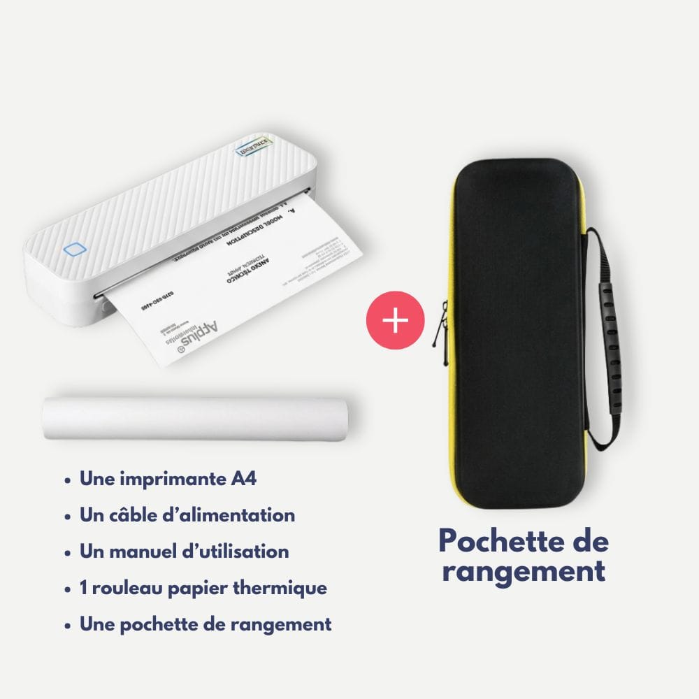 Imprimante Thermique A4 Portable Bluetooth Sans Encre Blanc + Pochette de transport