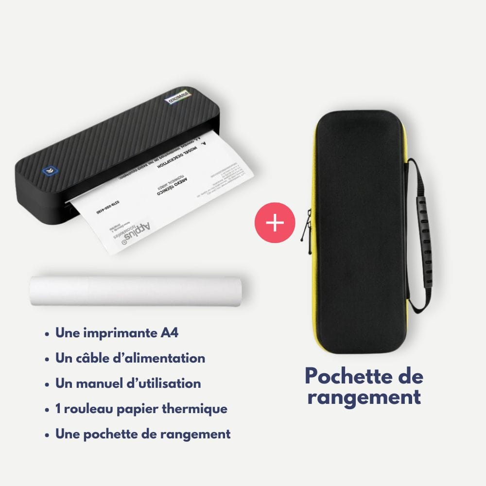 Imprimante Thermique A4 Portable Bluetooth Sans Encre Noir + Pochette de transport