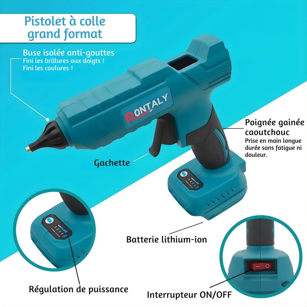 Pistolet à Colle à Batterie 18V – 100W, 10 bâtons inclus